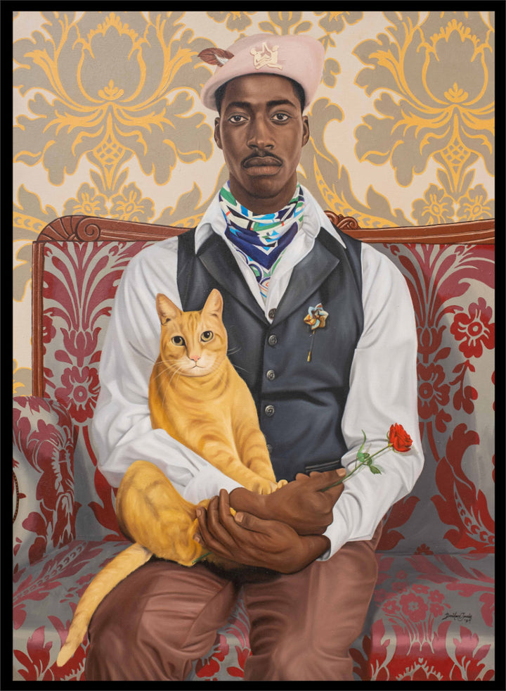 A portrait-style artwork of a Black man seated on a red patterned sofa, holding a yellow-orange cat and a red rose. The background features ornate gold and beige damask wallpaper. Shop Dapper Man Orange Cat Red Rose by Damilare Jamiu, a contemporary portrait wall art print featuring a stylish man, orange cat, red rose, and rich vintage-inspired pattern.
