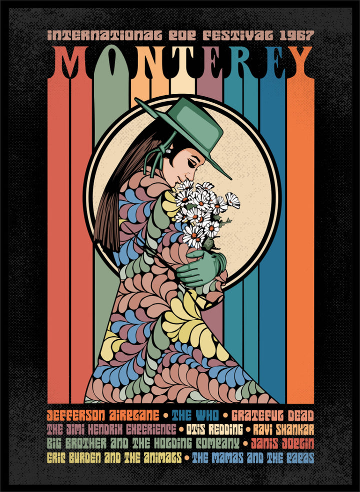 A retro-style concert poster for the 1967 European Tour featuring the band Monterey. The design has a black background with vertical multicolored stripes in orange, green, blue, and beige, surrounding an illustration of a woman in a green hat and patterned dress holding white flowers. Flower Child Festival by Retrodrome retro music art print inspired by the 1967 Monterey Pop Festival, with flower-child imagery and vintage concert poster style.