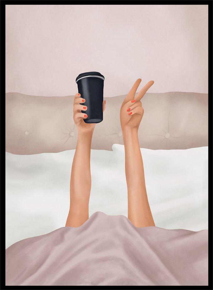 Person holding a black coffee cup above bed with pink sheets. Morning Coffee Peace by Flow Line is a playful coffee art print featuring a cozy bed scene, perfect for bedrooms, coffee lovers, and modern interiors.