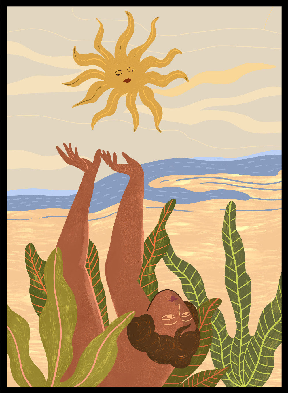Illustration of a person emerging from water with a sun above, surrounded by plants. Sun Worship by Arty Guava art print, modern woman illustration wall poster with sun and tropical leaves, contemporary nature inspired artwork.