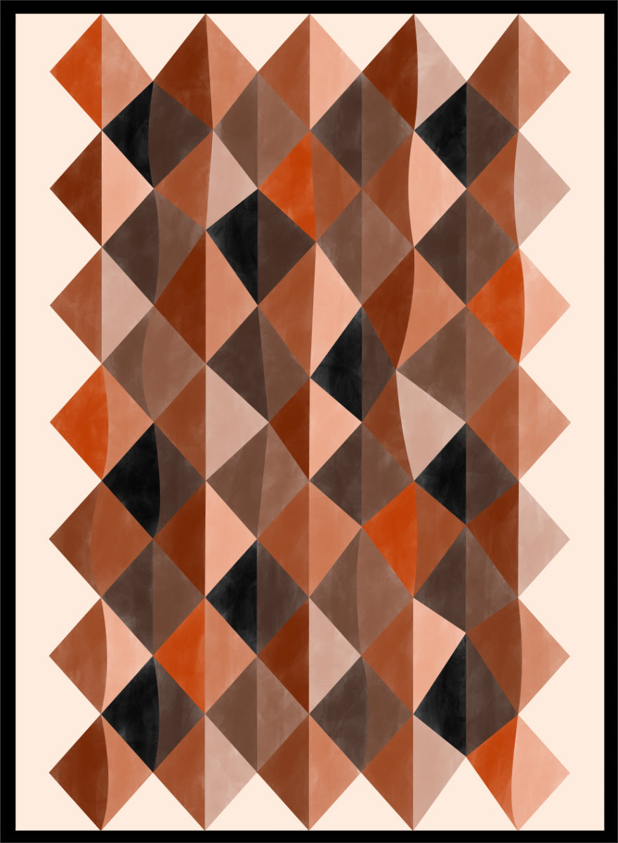 Shop Warm Earthy Geometry by Elena Ristova, a modern abstract wall art print poster featuring layered diamond patterns in rust, brown, cream, pink, and black.