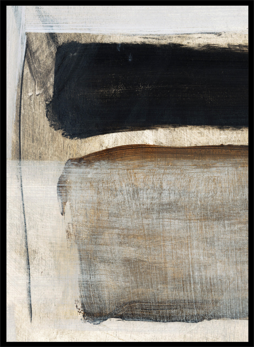 Abstract square artwork with broad textured brushstrokes in black, warm brown, gray, and off-white. Shop Desire by Dan Hobday, a contemporary abstract art print featuring bold black forms, earthy brown tones, layered brushwork, and a textured neutral palette.