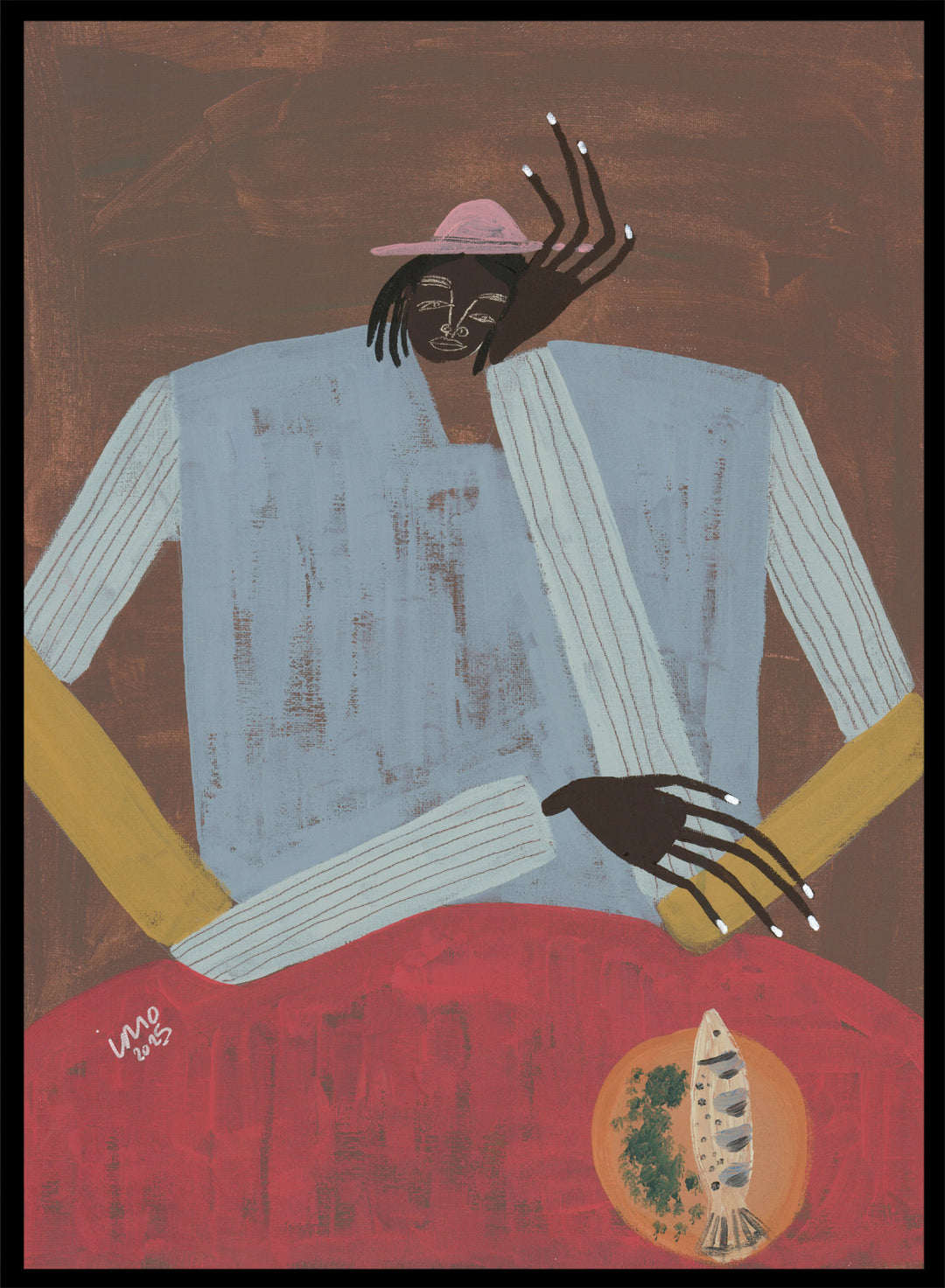 Artistic depiction of a person wearing a hat and sweater with a red background. Clear My Head by Studio IMO (Ibi Meier-Oruitemeka) is a modern figurative art print with a seated figure and contemporary portrait wall poster design.