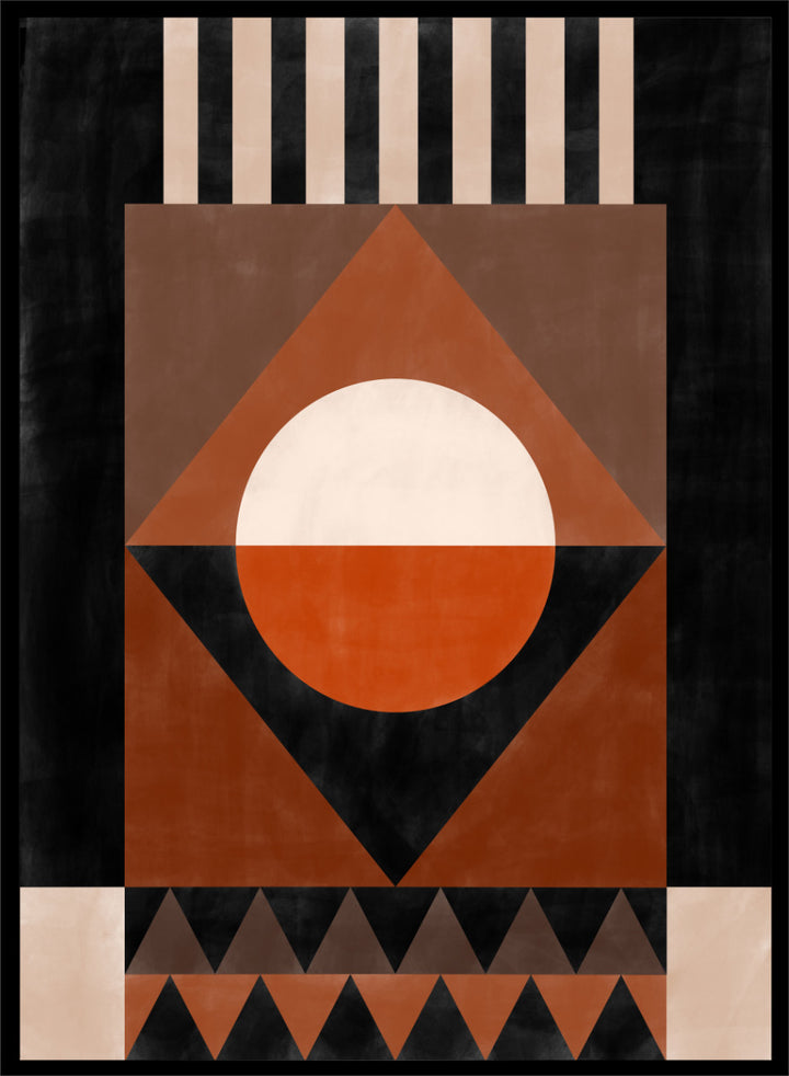 Shop Geometric Earth Tones by Elena Ristova, a modern abstract wall art print poster with bold geometric shapes in orange, cream, brown, and black.
