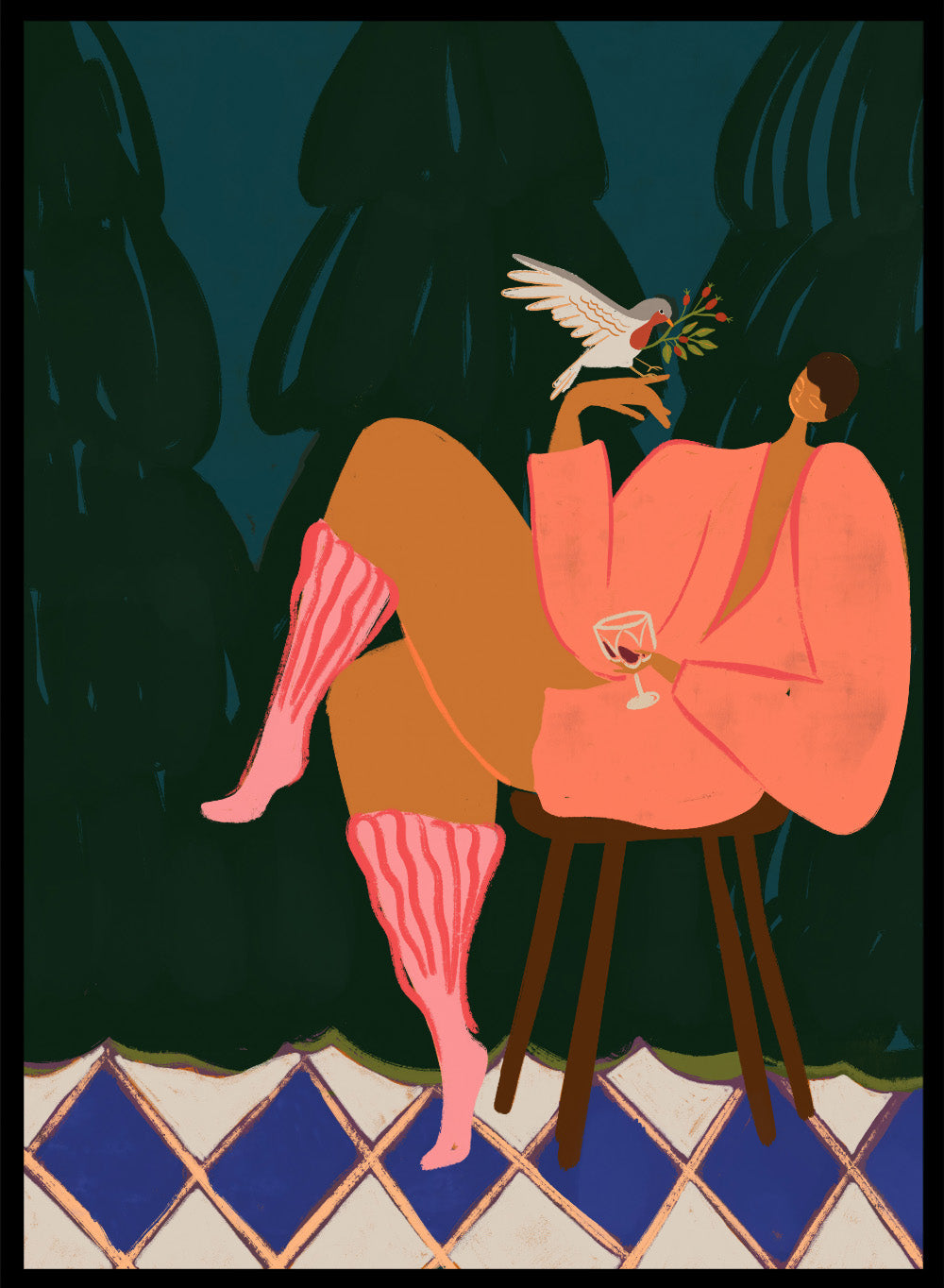 Illustration of a person in a pink dress sitting on a stool with a glass of wine, holding a dove with an olive branch. A Lil Birdy Told Me by Arty Guava is a modern woman art print with a bird, pink robe, and bold color. Officially licensed wall poster.
