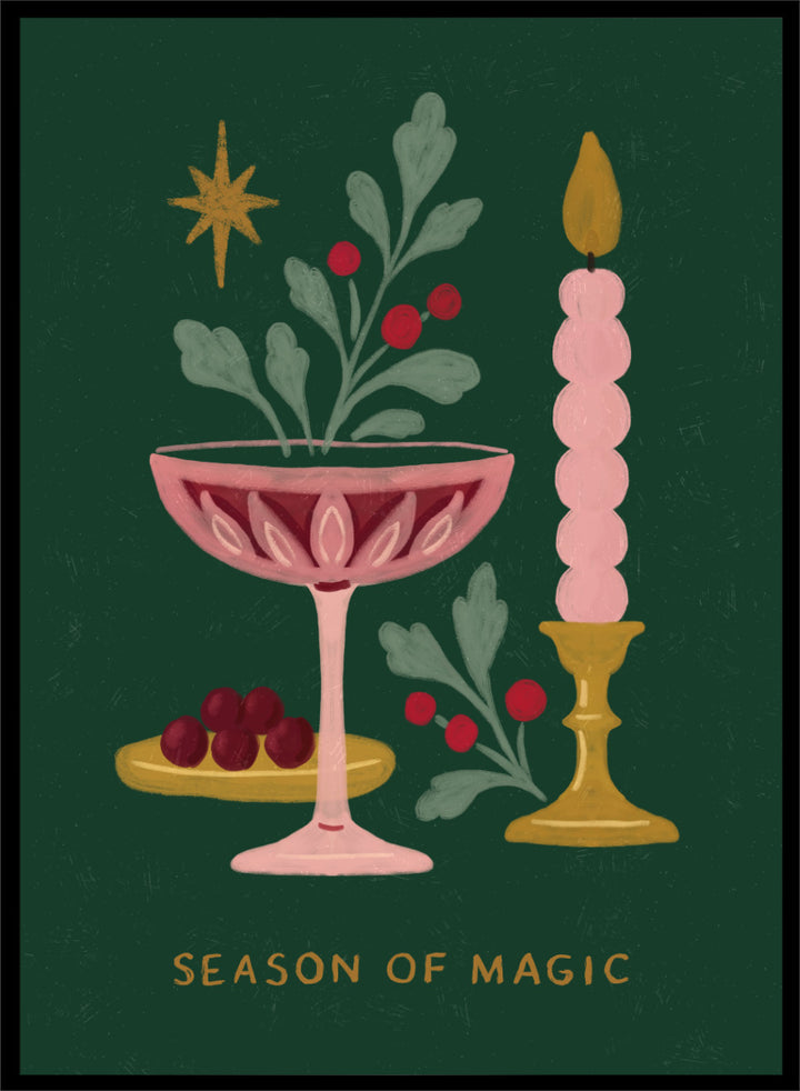 Shop Season of Magic by Katarzyna Gąsiorowska, a festive Christmas wall art print poster featuring a pink candle, berries, greenery, and holiday decor.