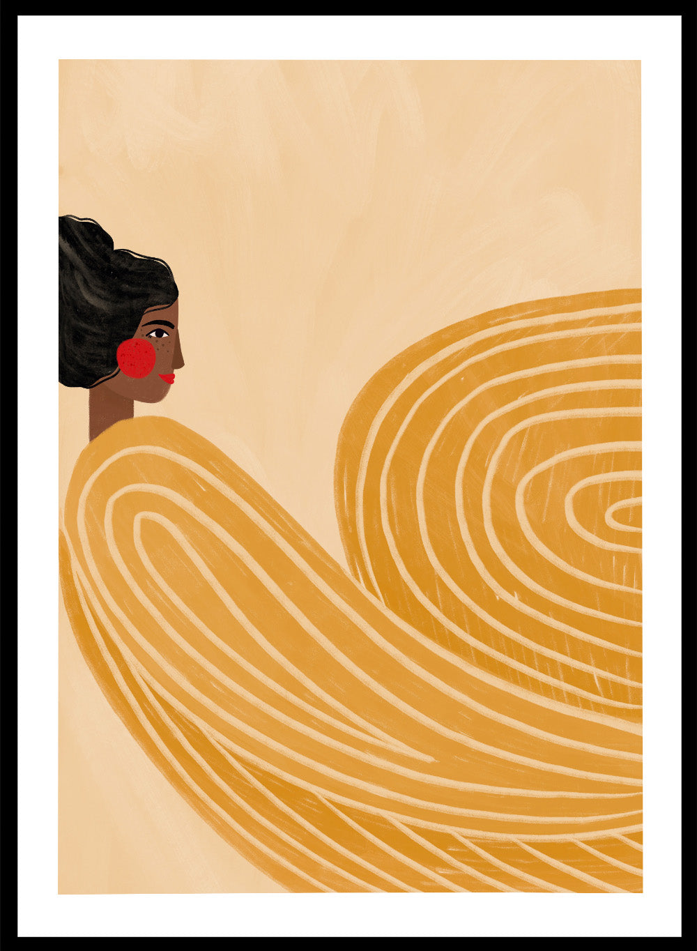 The Woman With the Yellow Stripes by Bea Müller is an officially licensed art print featuring flowing yellow lines and a warm modern portrait. Framed or unframed options available.