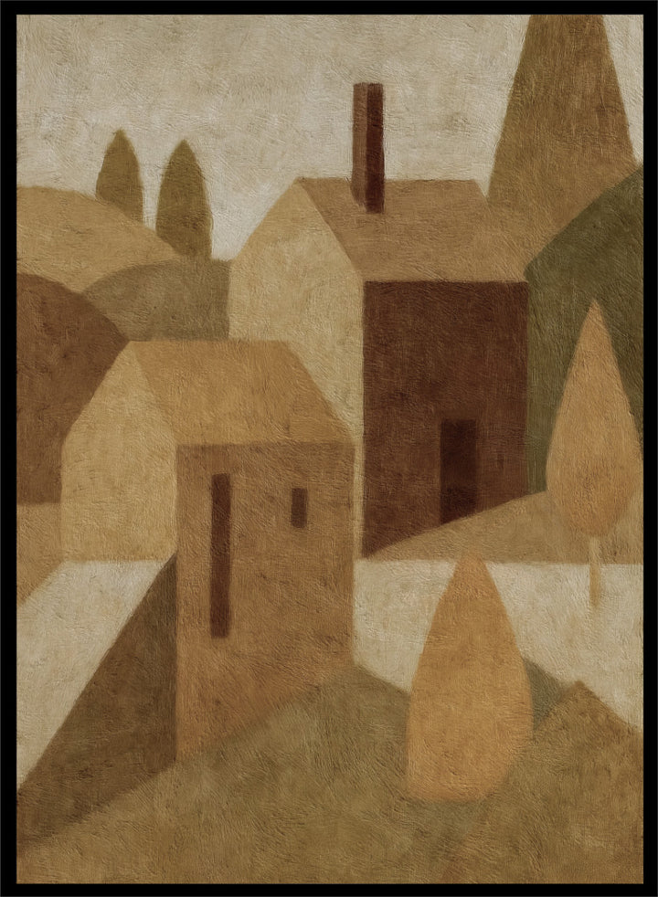 An abstract cubist-style landscape painting featuring geometric houses, trees, and hills in muted beige, brown, tan, and olive tones. Shop Cottage by Dan Hobday, a contemporary landscape painting art print featuring abstract village cottages, tall trees, layered hills, and warm earthy tones.