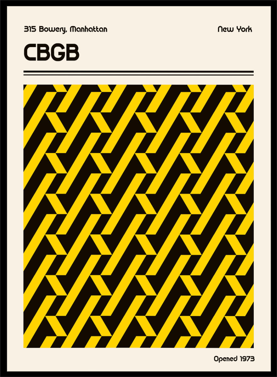 A vintage-style poster or print featuring a bold black and yellow geometric pattern in the center, with the text &