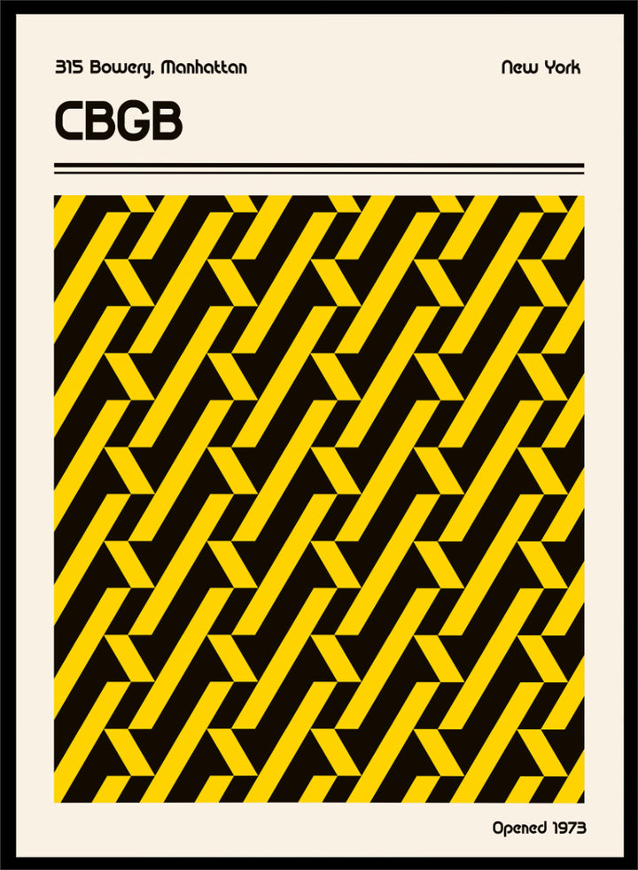 A vintage-style poster or print featuring a bold black and yellow geometric pattern in the center, with the text &