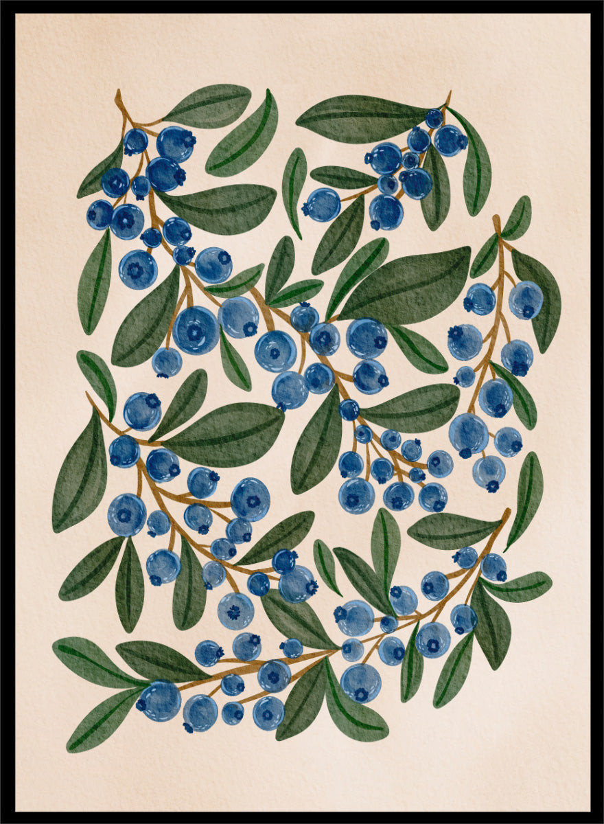 Botanical art print of blueberry branches with green leaves on a warm beige background. Shop Fresh Blueberry Sprigs by Nikita Jariwala, a botanical wall art print poster featuring blueberry branches, deep blue berries, and leafy green summer detail.