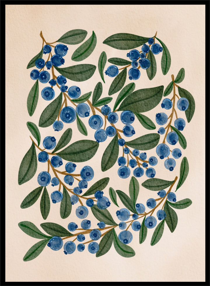 Botanical art print of blueberry branches with green leaves on a warm beige background. Shop Fresh Blueberry Sprigs by Nikita Jariwala, a botanical wall art print poster featuring blueberry branches, deep blue berries, and leafy green summer detail.