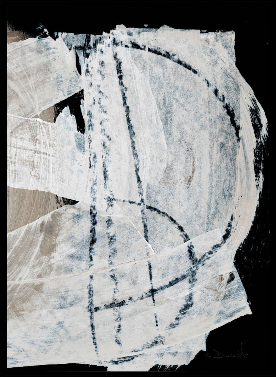 Shop Mind No.02 by Dan Hobday, an abstract wall art print poster featuring sweeping white brushwork, black contrast, and soft blue-beige texture.