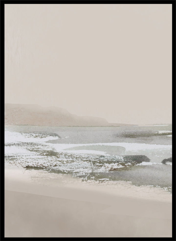 Shop Calm Beach by Dan Hobday, a set of 2 coastal landscape wall art prints posters capturing tidal sandbars, distant islands, and a quiet shoreline.