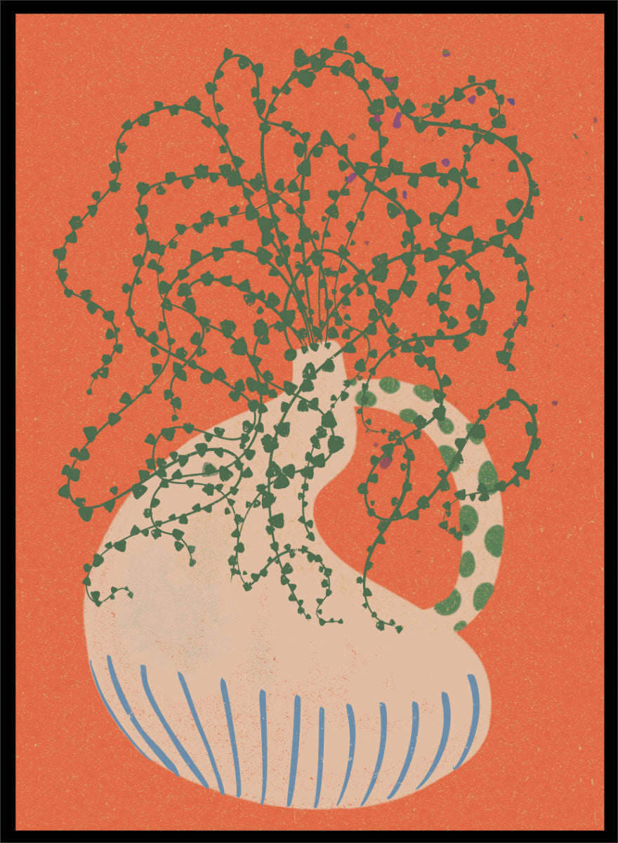 Shop Green Trailing Plant by Nikita Jariwala, a botanical wall art print poster featuring a trailing houseplant, cream vase, coral background, and bold green tones.