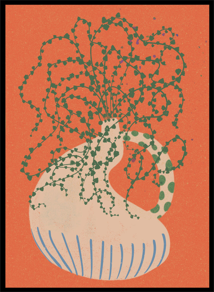 Shop Green Trailing Plant by Nikita Jariwala, a botanical wall art print poster featuring a trailing houseplant, cream vase, coral background, and bold green tones.