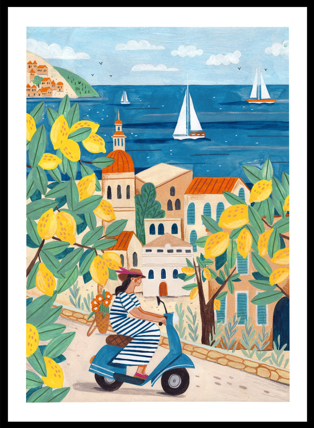 Illustration of a woman on a scooter with lemon trees and a coastal town in the background. Lemon Grove Scooter Ride by Caroline Bonne Müller summer coastal illustration art print with lemons, scooter and seaside town, colorful wall art poster