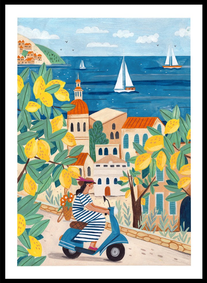 Illustration of a woman on a scooter with lemon trees and a coastal town in the background. Lemon Grove Scooter Ride by Caroline Bonne Müller summer coastal illustration art print with lemons, scooter and seaside town, colorful wall art poster