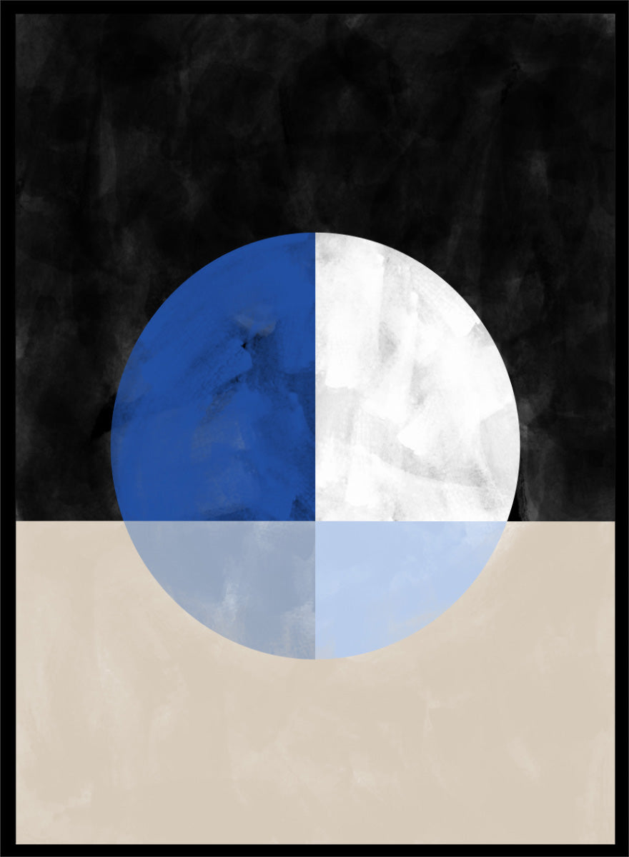 Shop Abstract Geometric Reflection by Elena Ristova, a modern abstract wall art print poster featuring a blue-and-white circle, mirrored forms, and bold black and cream.