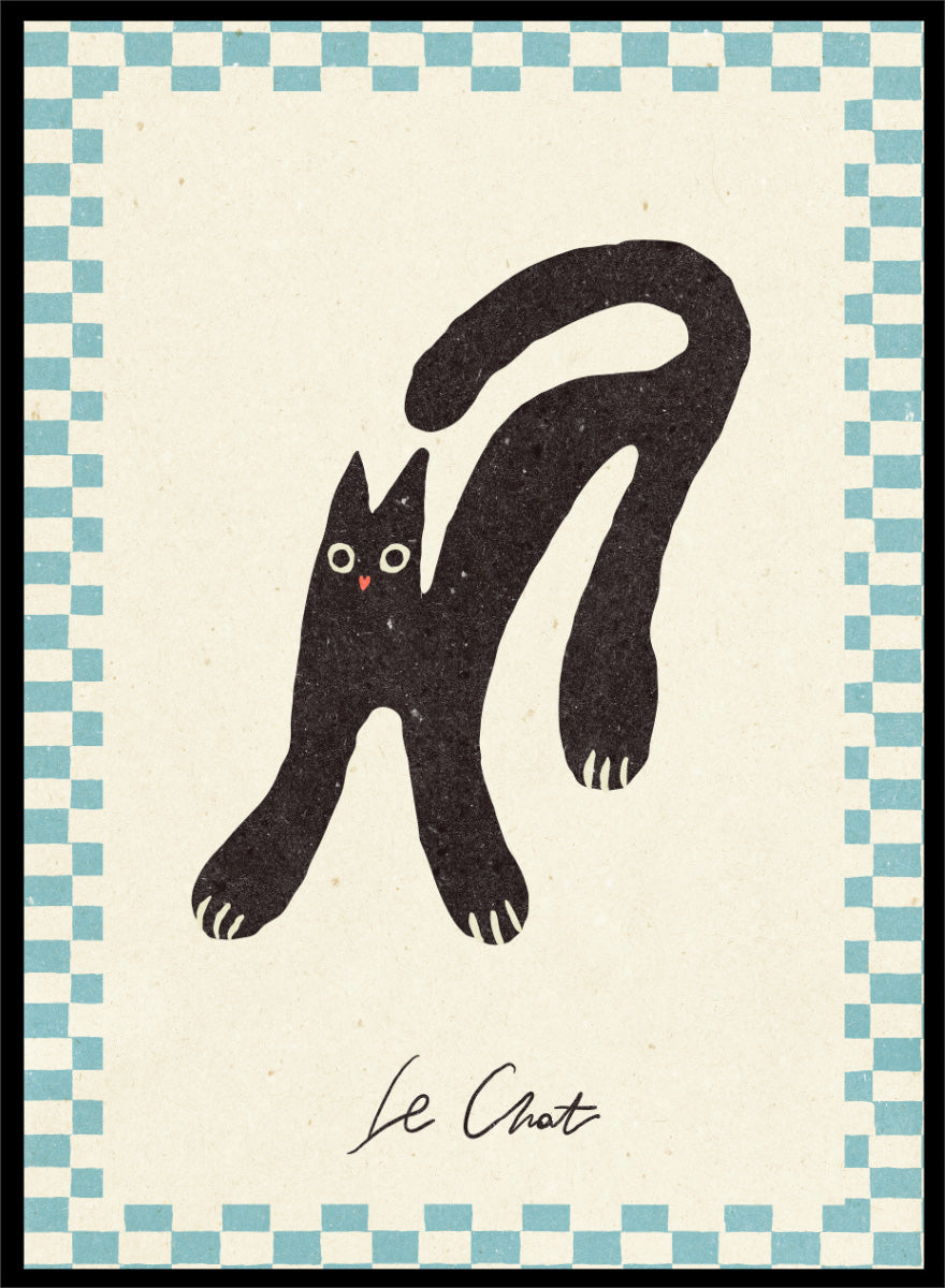 Shop Le Chat by NKTN, a playful black cat wall art print poster featuring a quirky stretched cat, checkerboard border, and vintage-inspired graphic style.