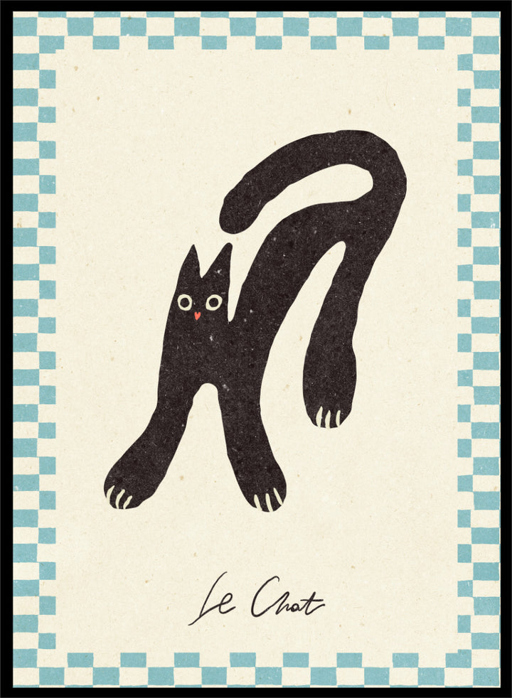 Shop Le Chat by NKTN, a playful black cat wall art print poster featuring a quirky stretched cat, checkerboard border, and vintage-inspired graphic style.