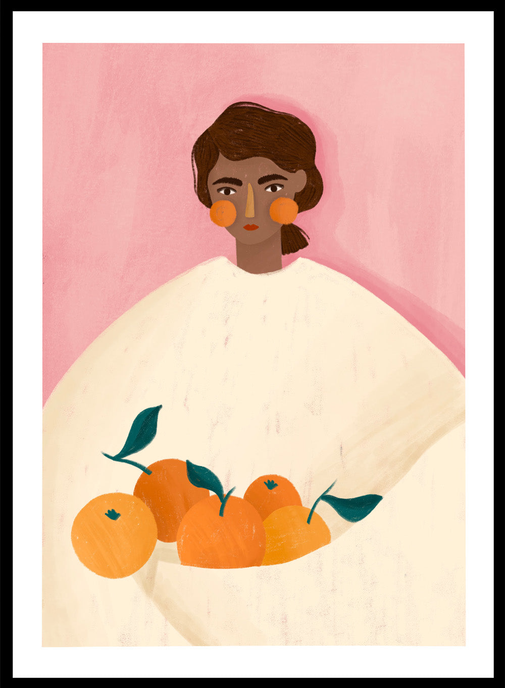 The Woman With the Oranges by Bea Müller is an officially licensed art print featuring warm citrus tones and a modern illustrated portrait. Available framed or unframed.