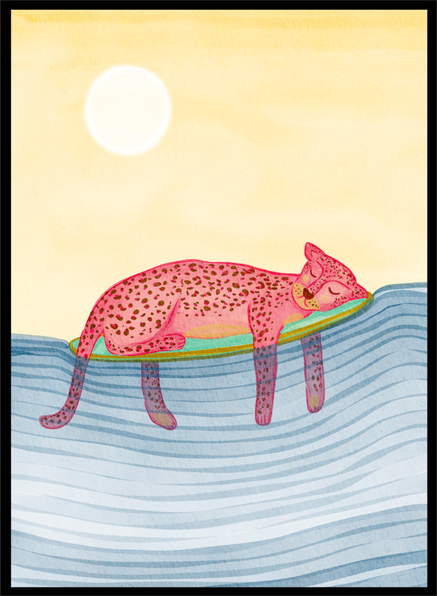 Shop Dreamy Leopard Float by Nikita Jariwala, a playful animal wall art print poster featuring a pink leopard relaxing on a pool float in blue water.