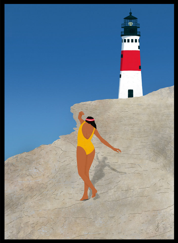 Woman in a yellow swimsuit standing on a rocky outcrop with a lighthouse in the background. My Beach by Jota de Jai is a modern coastal wall art print featuring a woman in a yellow swimsuit and a lighthouse. Officially licensed fine art poster with optional wood frame.