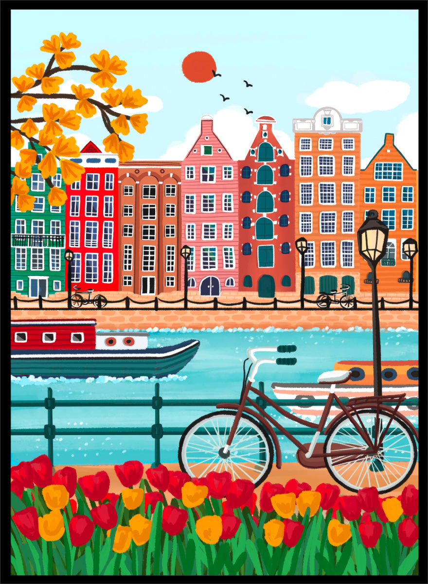 A colorful illustrated city canal scene with row houses, a bicycle, boats, flowers, and a bright sun.  Shop Colorful Amsterdam Canal by Nidhi Kachhadiya, a vibrant Amsterdam wall art print with canal houses, tulips, a bicycle, and colorful city charm.