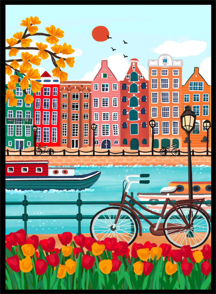 A colorful illustrated city canal scene with row houses, a bicycle, boats, flowers, and a bright sun.  Shop Colorful Amsterdam Canal by Nidhi Kachhadiya, a vibrant Amsterdam wall art print with canal houses, tulips, a bicycle, and colorful city charm.