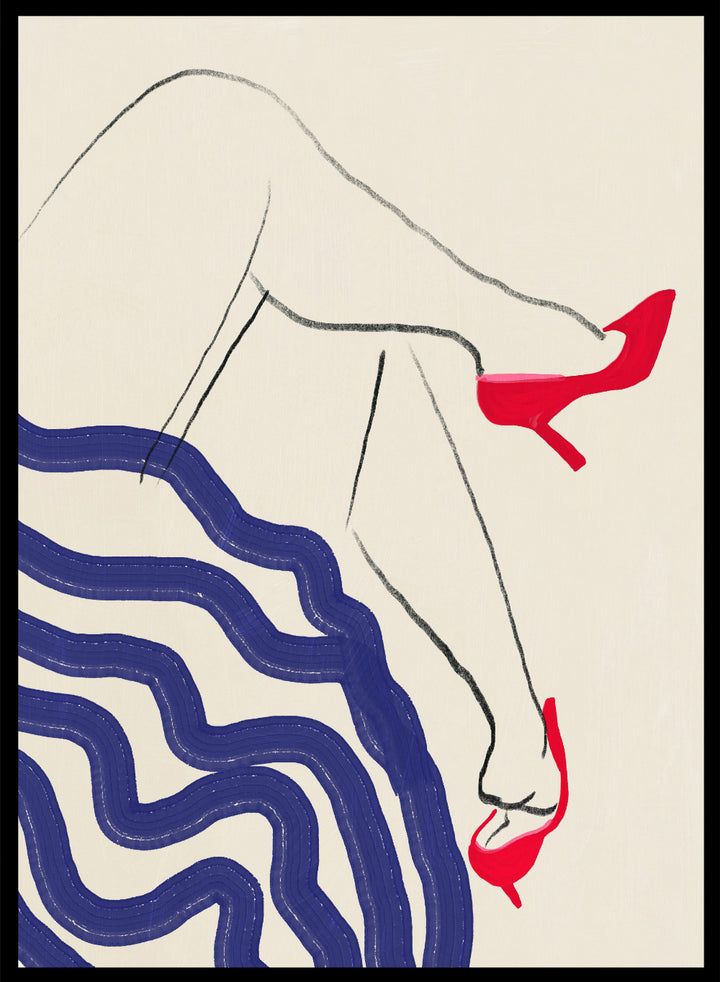 Crimson Heels Dance art print by Little Dean. Contemporary abstract figure wall art featuring bold red heels, fluid movement, minimalist illustration, and modern poster design.