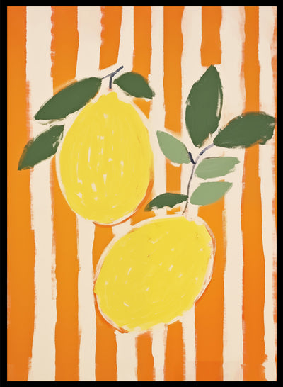 Lemons on Orange Stripes Wall Art Print | Abstract Contemporary Fruit Illustration, Modern Aesthetic Kitchen Spring Summer Poster