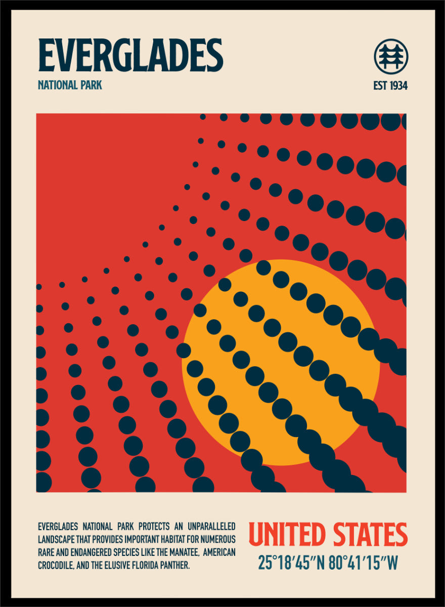 A vintage-style travel poster for Everglades National Park, United States, featuring a bold red background, a large yellow circle, and dark blue dotted radial lines. The top reads 'EVERGLADES NATIONAL PARK' and the bottom includes 'UNITED STATES' and geographic coordinates. Everglades Retro Sun by Retrodrome travel art print inspired by Everglades National Park, with a bold sun motif and retro color.