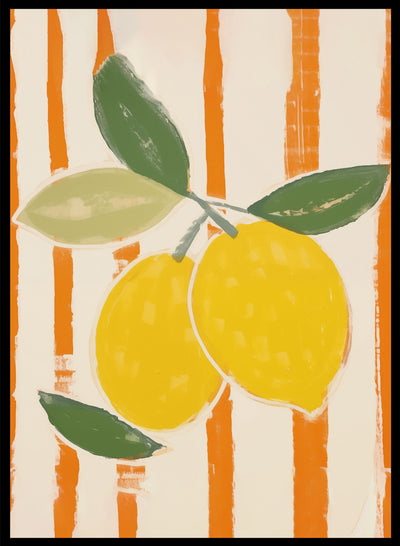Lemons on Orange Stripes Wall Art Print | Abstract Contemporary Fruit Illustration, Modern Aesthetic Kitchen Spring Summer Poster
