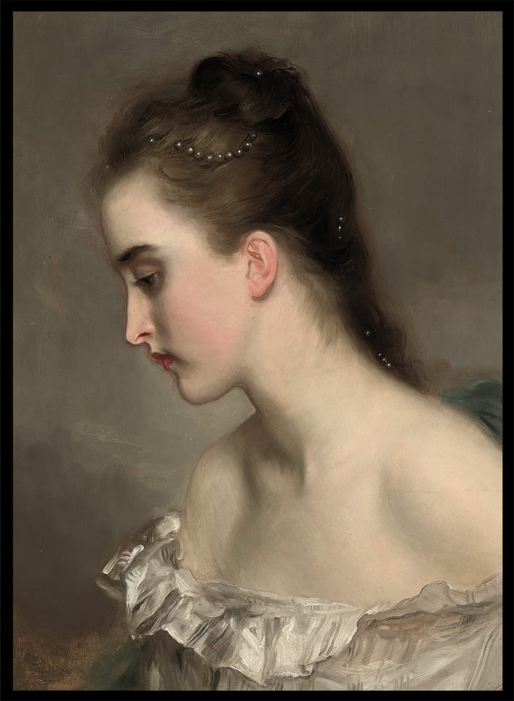 The Debutant by Gustave Jean Jacquet is a vintage portrait print of a young woman in profile with pearls in her hair and a white ruffled dress.
