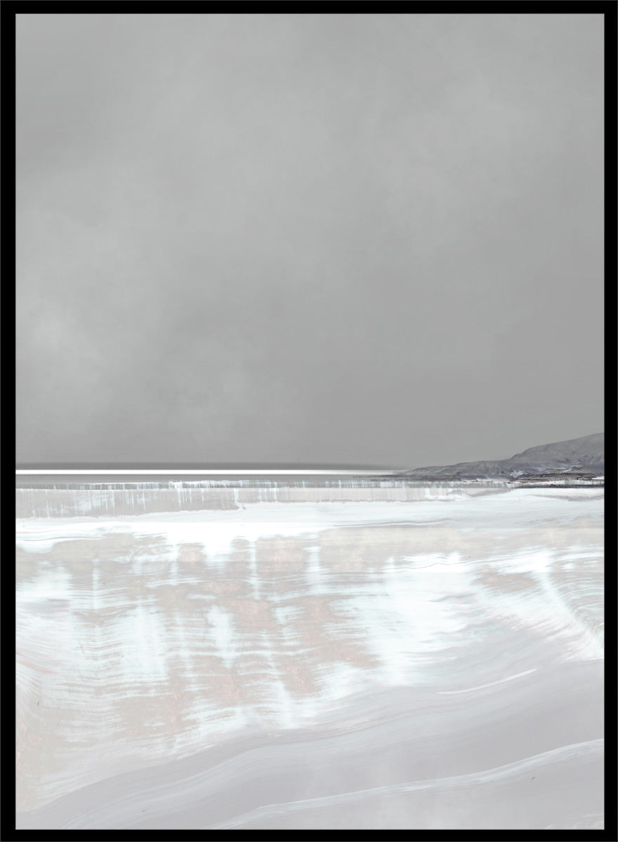 Shop Tides by Dan Hobday, a set of 2 coastal landscape wall art prints posters featuring calm water, distant hills, and soft gray-blue tones.
