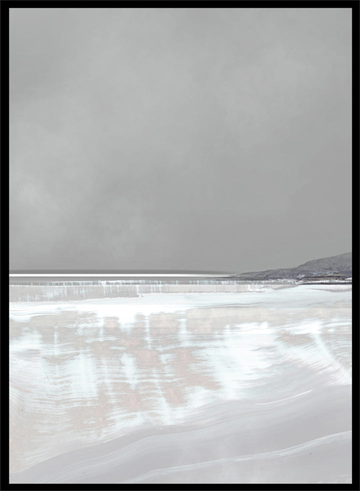 Shop Tides by Dan Hobday, a set of 2 coastal landscape wall art prints posters featuring calm water, distant hills, and soft gray-blue tones.