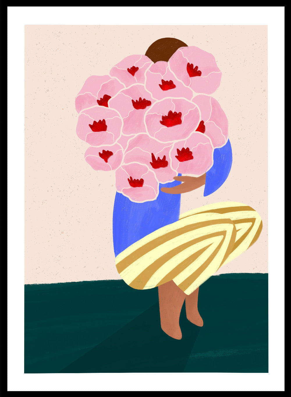 Bouquet of Flowers by Bea Müller is an officially licensed art print featuring a modern illustrated woman holding pink flowers. Available framed or unframed.