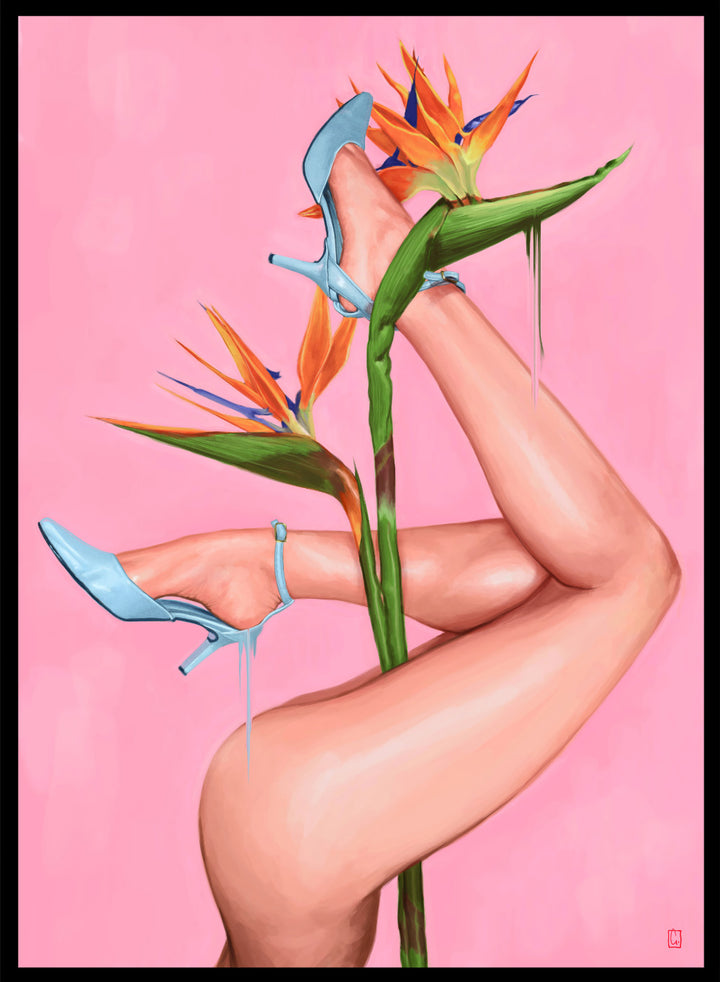 Legs wearing blue high heels with a pink background and bird of paradise flower.Bird of Paradise by Alexander Grahovsky art print featuring crossed legs in blue heels and a bold tropical flower on a pink background. Officially licensed surreal wall poster.