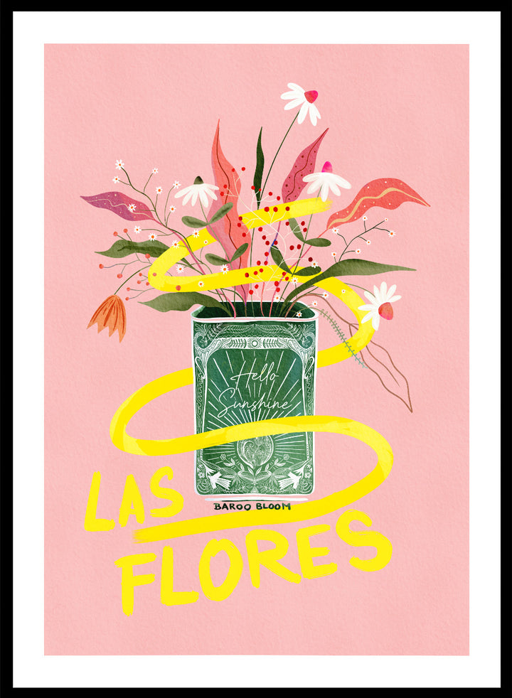 Illustration of a flower arrangement in a can with 'Las Flores' text on a pink background. Las Flores by Baroo Bloom is a colorful floral art print with playful illustration and bold lettering. Officially licensed wall poster with optional framing.