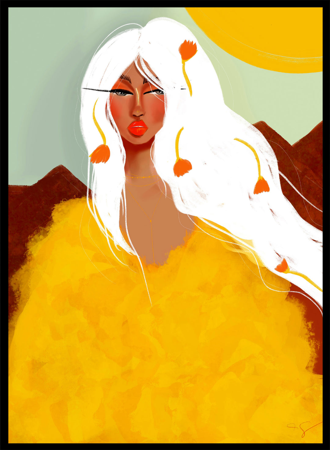 Artistic depiction of a woman with white hair and red lipstick against a colorful background. Golden Woman White Hair by Amy Straley is a contemporary figurative art print featuring a feminine portrait, surreal landscape, and bold golden color palette.