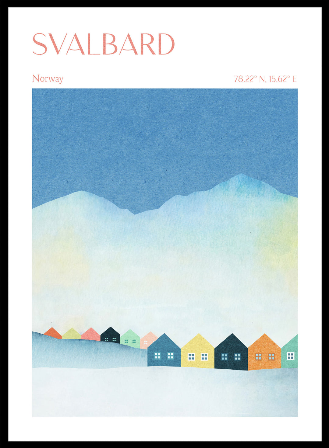 Poster of Svalbard with colorful houses and mountain landscape. Colorful Svalbard Winter Village by Longwayhome is a minimalist Scandinavian landscape art print featuring pastel houses, snowy mountains, and modern Nordic design.