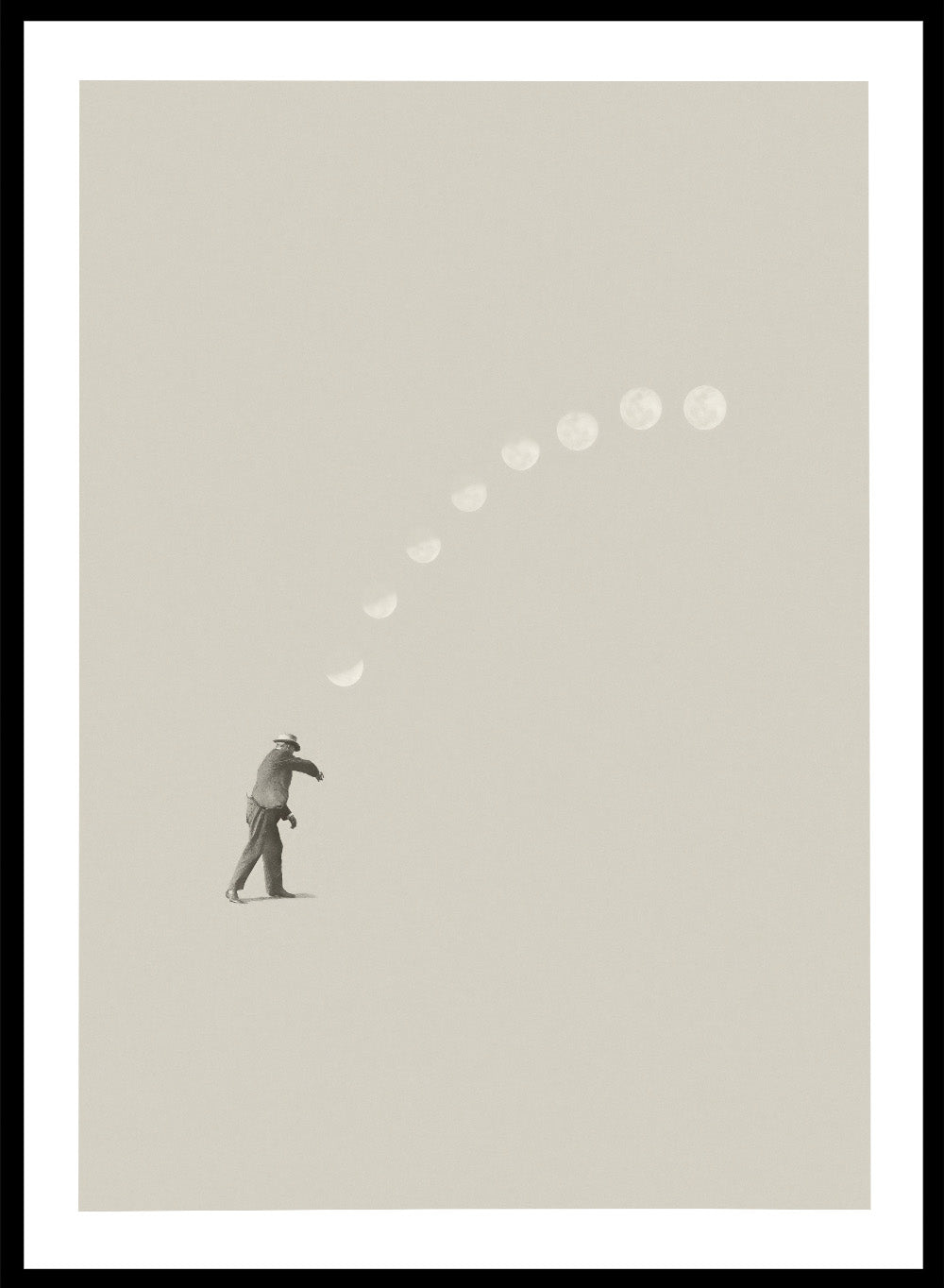 Man throwing the moon across the sky in Lucky Shot by Maarten Léon. Surreal collage wall art, minimalist contemporary poster, premium fine art with real wood frame.