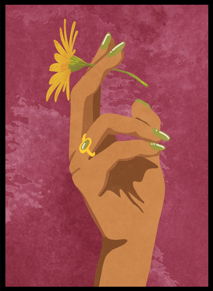 Illustration of a hand holding a yellow flower against a pink background. Smoking Flower by Raissa Oltmanns is a modern floral art print featuring a hand holding a yellow flower in bold contemporary wall poster style.