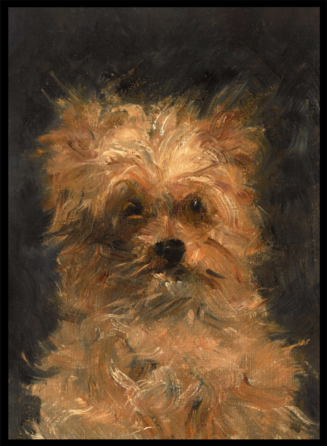 A painted portrait of a small fluffy dog, likely a terrier mix, rendered in warm tan, cream, and brown brushstrokes against a dark charcoal background. Head of the Dog "Bob" by Édouard Manet is a vintage dog portrait print featuring a scruffy terrier&