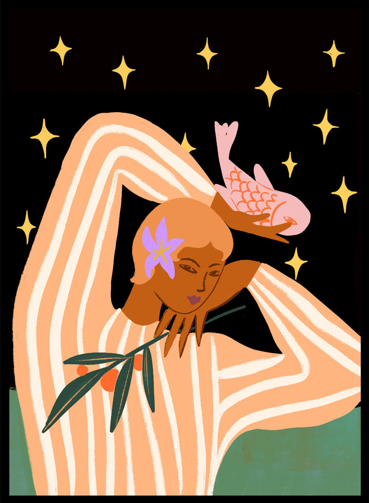 Illustration of a woman with flowers in her hair against a starry night sky. Balance by Arty Guava is a modern surreal woman art print with stars, stripes, and a pink fish. Officially licensed contemporary wall poster.
