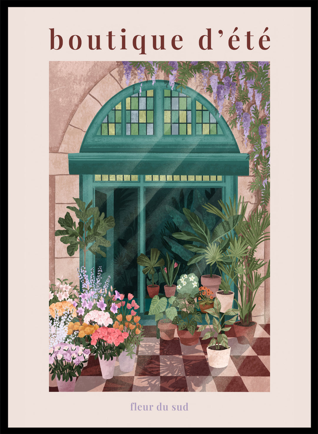 Illustration of a charming store entrance with plants and flowers, featuring the text 'boutique d'été' and 'fleur du sud'. French Flower Shop by Goed Blauw is a colorful storefront art print and wall poster featuring plants, flowers, and a green arch window in a warm European style setting.