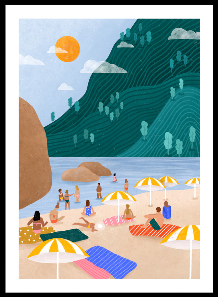 A framed art print featuring a stylized beach scene with a large teal-green mountain, blue water, a yellow sun, and beachgoers under striped umbrellas on a sandy shore. Relaxing Mountain Beach by Bea Müller coastal art print featuring swimmers, striped towels, yellow umbrellas, and a sweeping teal mountain.
