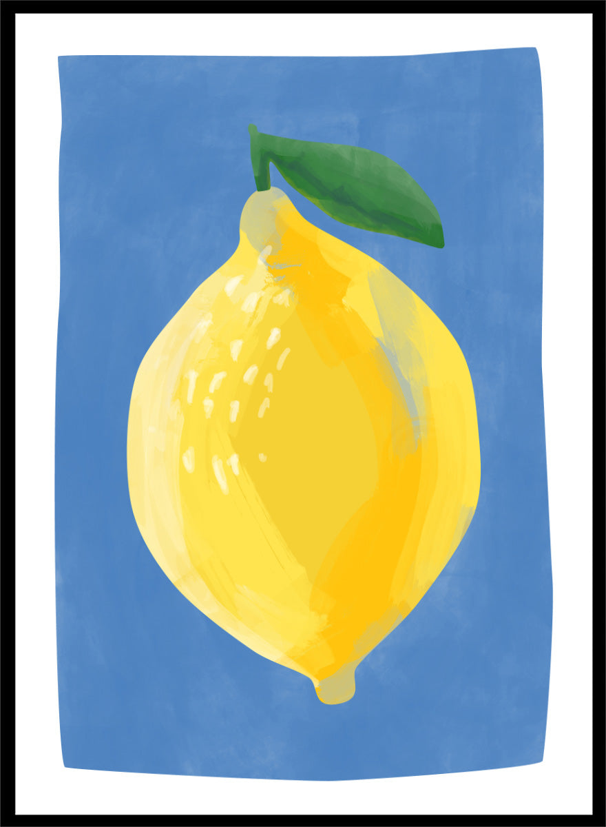 Shop Bright Yellow Lemon by Elena Ristova, a colorful lemon wall art print poster featuring an oversized yellow fruit, green leaf, and vivid blue background.