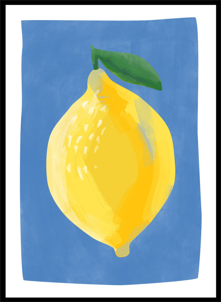 Shop Bright Yellow Lemon by Elena Ristova, a colorful lemon wall art print poster featuring an oversized yellow fruit, green leaf, and vivid blue background.